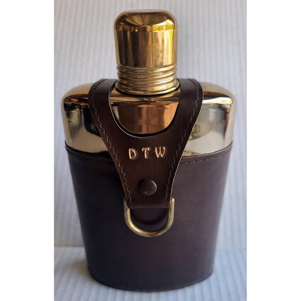 Vintage Hip Glass Flask Brown Leather Sleeve Brass D-Ring Gold Tone Harness Gift
